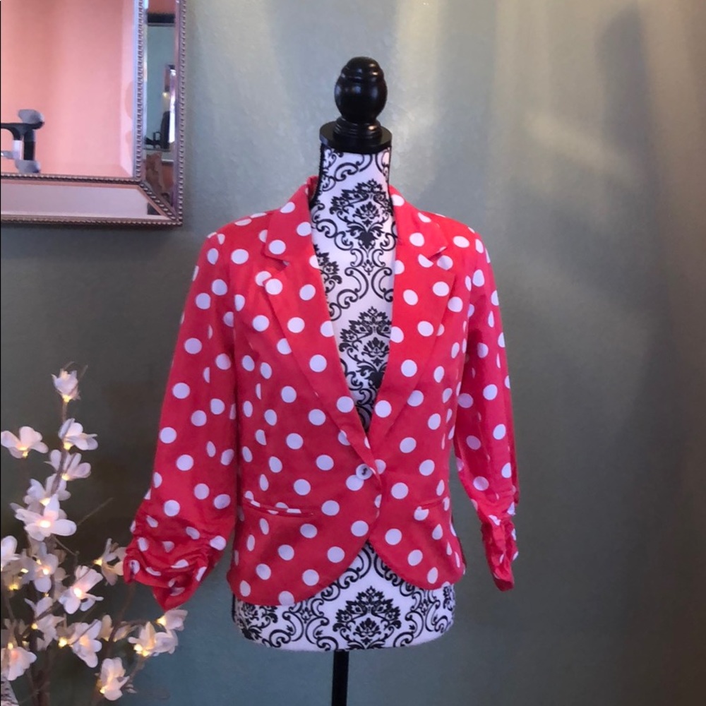 Salmon and white polka dot blazer